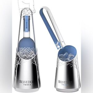 Belvedere Stainless Steel Vodka Bottle Holder Ice Bucket Tongs & Acrylic Server